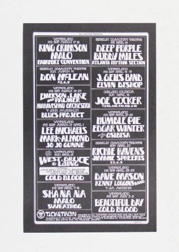 1972 King Crimson ELP Joe Cocker Humble Pie Deep Purple Winterland Calendar Handbill Mint 91