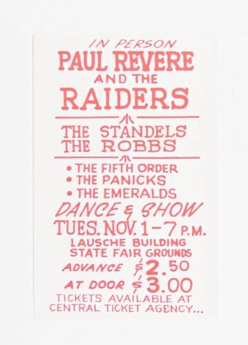 1966 Paul Revere &The Raiders The Lausche Building Ohio State Fairgrounds Handbill Mint 91