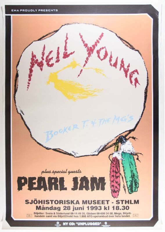 1993 Neil Young Pearl Jam Booker T. and the MGs Sjohistoriska Museet Stockholm Poster Excellent 77