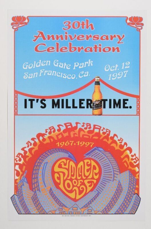 1997 Miller Beer 30th Anniversary Summer of Love Golden Gate Park Poster Near Mint 89