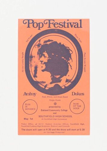 1970 Amboy Dukes Pop Festival Southfield High School Handbill Mint 91