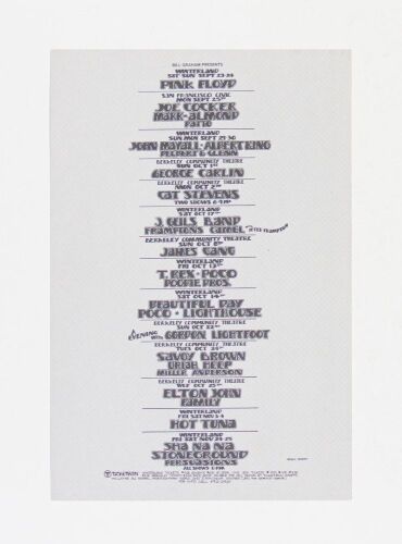 1972 Bill Graham Presents Pink Floyd Elton John Hot Tuna Joe Cocker Winterland & Berkeley Calendar Handbill Mint 91