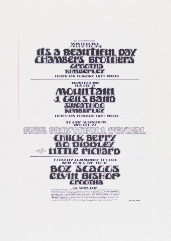 1971 Bill Graham Presents Chuck Berry Little Richard Mountain S.F. Civic Auditorium & Winterland Calendar Handbill Mint 91