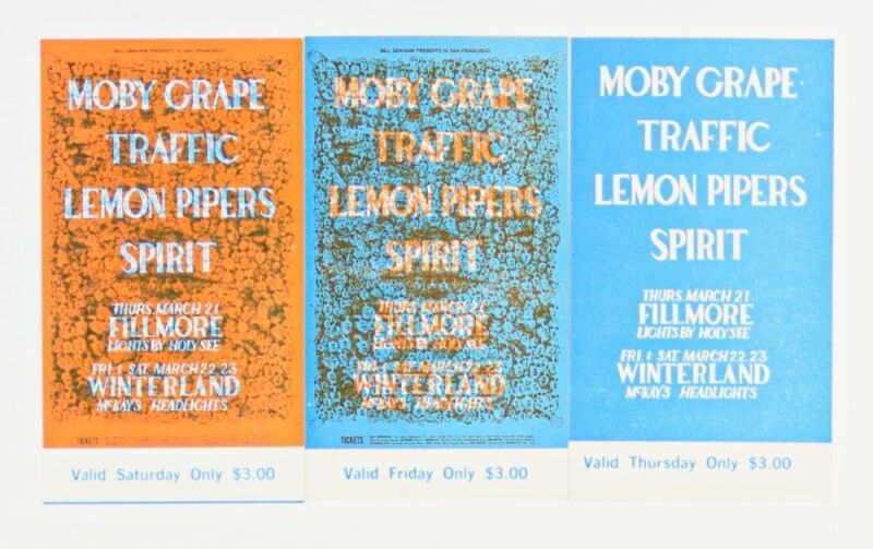 1968 BG-112 Traffic Moby Grape Spirit Fillmore & Winterland Complete Set of 3 Original Tickets Mint 91