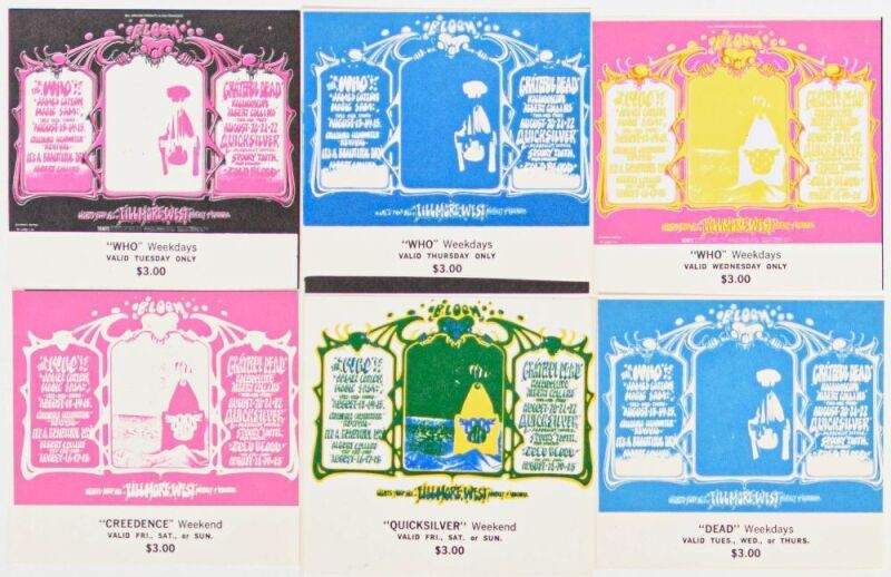 1968 BG-133 The Who Grateful Dead Creedence Clearwater Revival Fillmore West Complete Set of 6 Original Tickets Mint 91