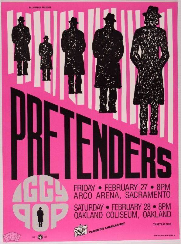 1987 The Pretenders Iggy Pop Arco Arena Sacramento & Oakland Coliseum Poster Mint 95