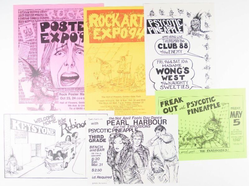 Lot of 6 John Seabury Psycotic Pineapple Vintage Punk Signed Seabury Flyers & Poster