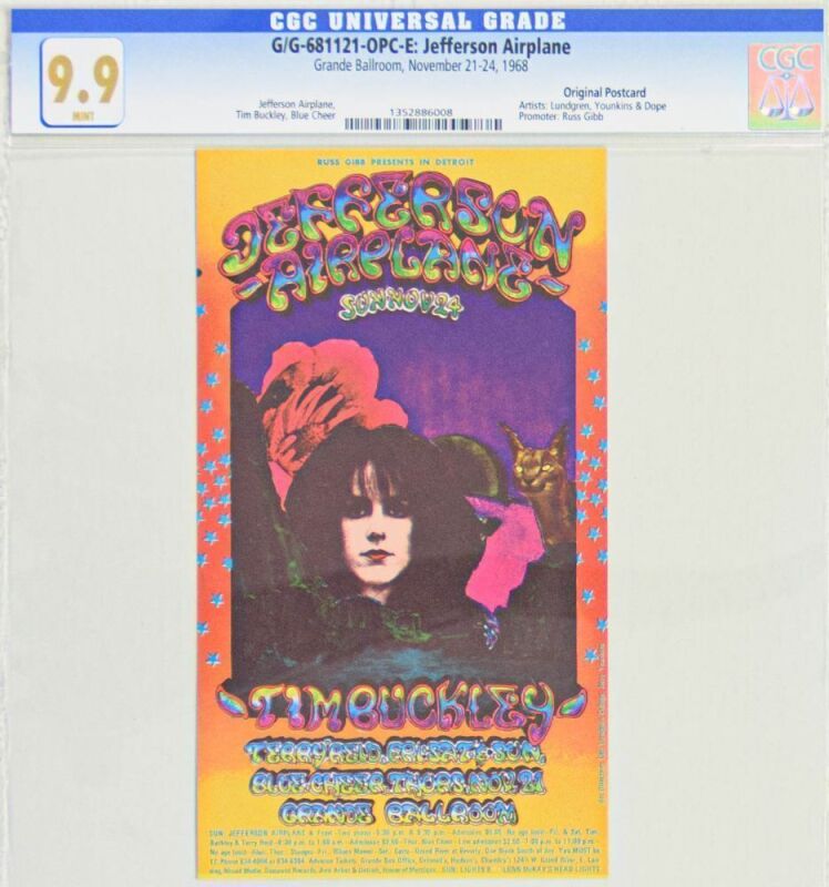 1968 G/G-681121 Jefferson Airplane Blue Cheer Grande Ballroom Detroit Postcard CGC 9.9