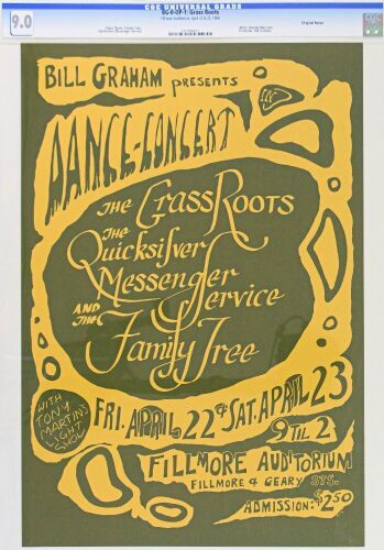 1966 BG-0 Grass Roots Quicksilver Fillmore Auditorium Poster CGC 9.0