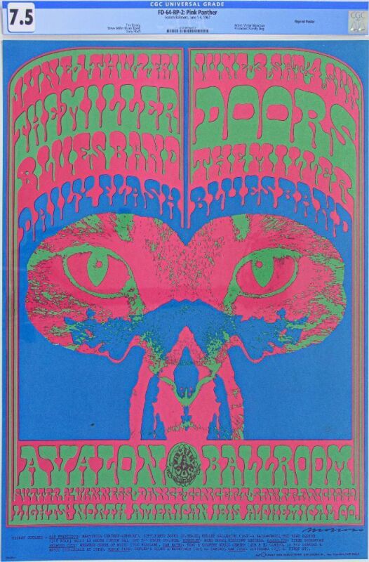 1967 FD-64 The Doors The Miller Blues Band Avalon Ballroom RP2 Poster CGC 7.5