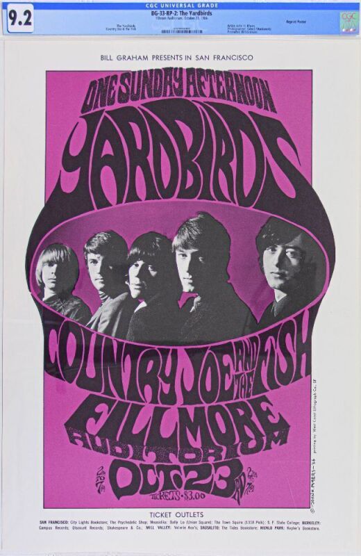 1966 BG-33 The Yardbirds Fillmore Auditorium RP2 Poster CGC 9.2