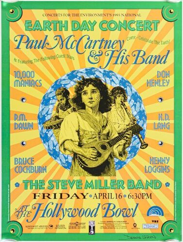 1993 Paul McCartney Kenny Loggins Steve Miller Earth Day Concert Signed Loren Poster Near Mint 85