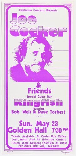 1975 Joe Cocker Kingfish with Bob Weir Golden Hall Poster Excellent 75