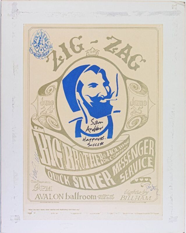 1966 FD-14 Big Brother Zig Zag Man Avalon Ballroom Signed Sam Andrew Peter Albin David Getz Poster MOUNTED