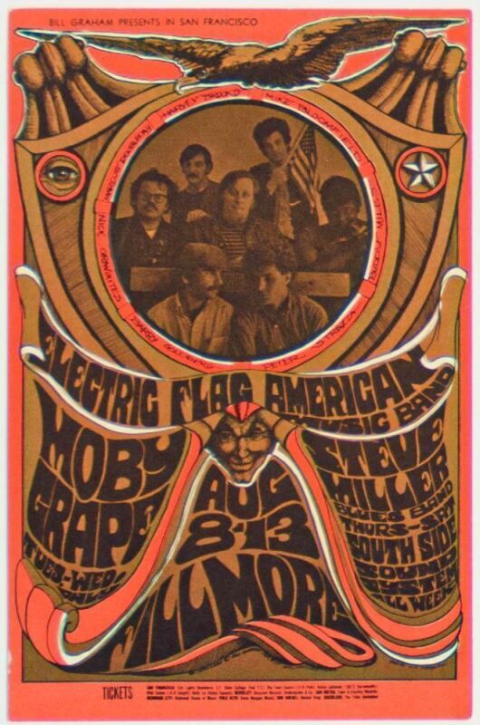 1967 BG-77 Electric Flag Moby Grape Steve Miller Fillmore Auditorium Postcard Excellent 75