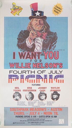 1983 Willie Nelson Johnny Cash Neil Young The 4th of July Picnic South Park Meadows Austin Signed Garrett Poster Near Mint 87