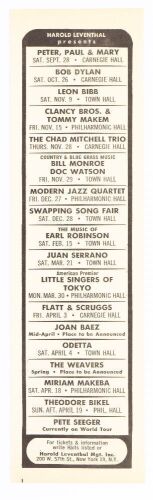 1963 Bob Dylan Bill Monroe Doc Watson Carnegie Hall Calendar Handbill Mint 91