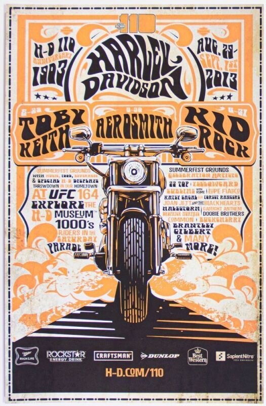 2013 Toby Keith Aerosmith Harley Davidson 110th Anniversary Summerfest Grounds Milwaukee Poster Mint 95