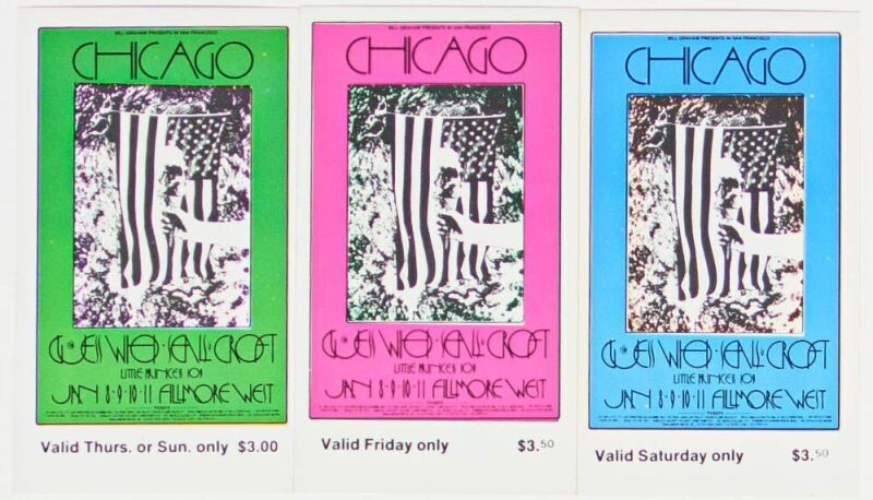 1970 BG-211 Chicago The Guess Who Fillmore West Set of 3 Original Tickets Mint 91