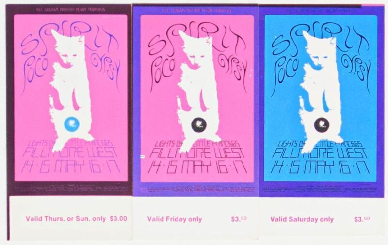 1970 BG-233 Spirit Fillmore West Set of 3 Original Tickets Mint 91