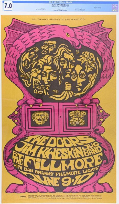 1967 BG-67 The Doors Jim Kweskin Jug Band Fillmore Auditorium Poster CGC 7.0