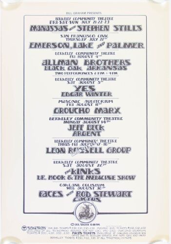 1972 Bill Graham Presents Allman Brothers Band Jeff Beck The Kinks Emerson Lake & Palmer Berkeley Community Theatre Poster Excellent 77