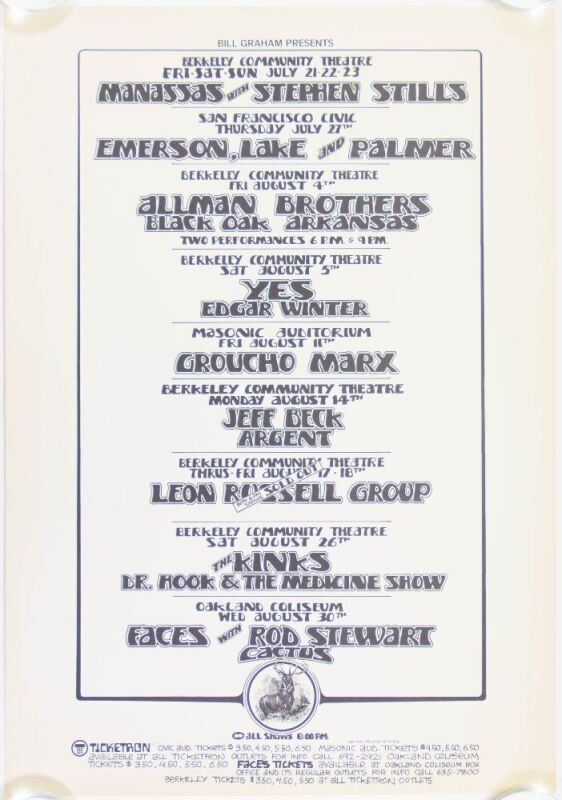 1972 Bill Graham Presents Allman Brothers Band Jeff Beck The Kinks Emerson Lake & Palmer Berkeley Community Theatre Poster Excellent 77