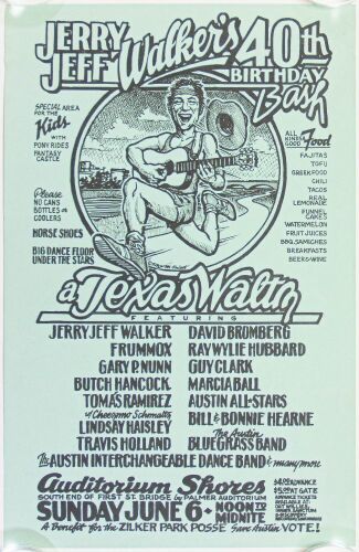 1982 Jerry Jeff Walker's 40th Birthday Bash Auditorium Shores Austin Poster Excellent 75