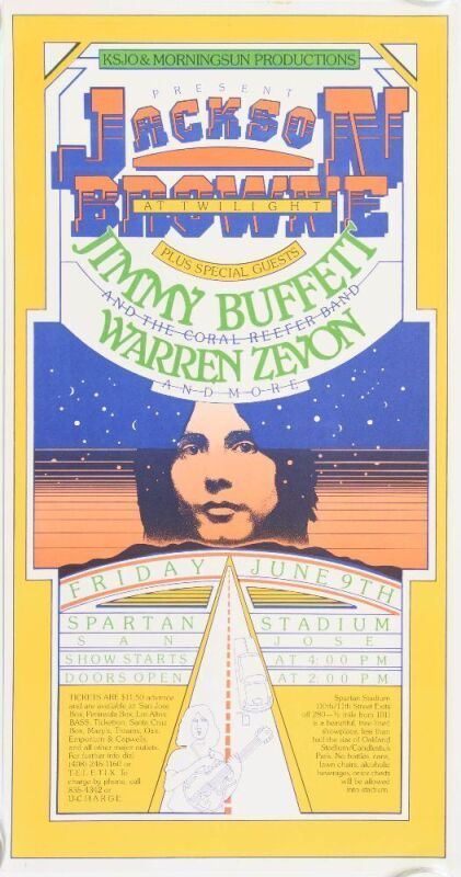 1978 Jackson Browne Jimmy Buffett Warren Zevon Spartan Stadium San Jose Poster Near Mint 81