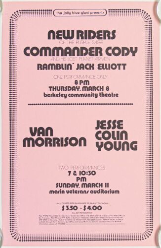 1973 NRPS Van Morrison Berkeley Community Theatre & Marin Veterans Auditorium Poster Near Mint 83