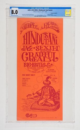 1966 AOR-2.182 Grateful Dead Big Brother Hindustani Jazz Sextet Fillmore Auditorium Handbill CGC 8.0