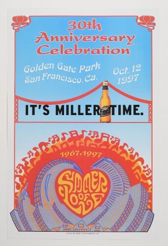 1997 Miller Beer 30th Anniversary Summer of Love Golden Gate Park Poster Near Mint 89