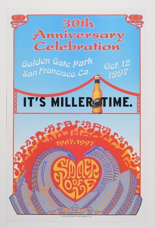 1997 Miller Beer 30th Anniversary Summer of Love Golden Gate Park Poster Near Mint 89