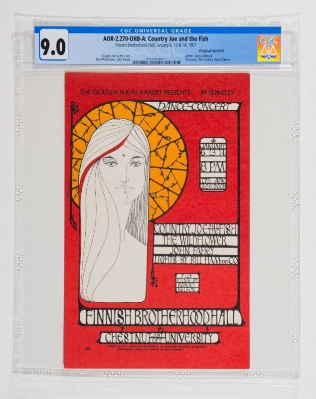 1967 AOR-2.270 Country Joe & The Fish The Finnish Brotherhood Hall Berkeley Handbill CGC 9.0