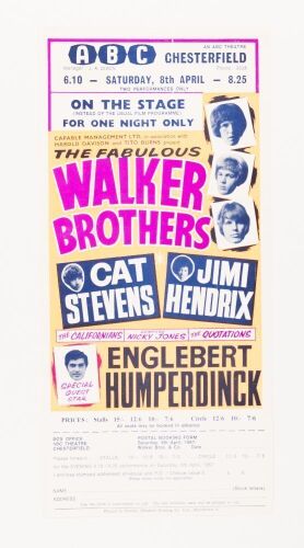 1967 Jimi Hendrix Cat Stevens ABC Cinema Chesterfield England Ticket Order Form Handbill Near Mint 87