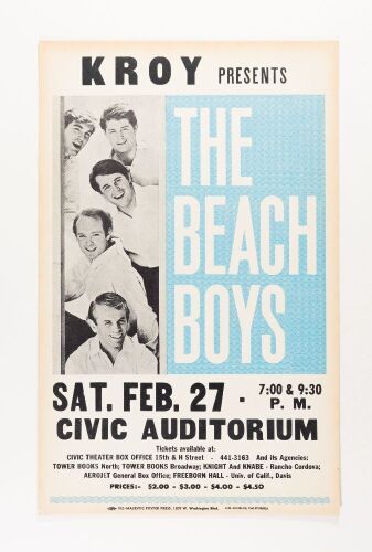 1966 The Beach Boys Sacramento Civic Auditorium Cardboard Poster Near Mint 81