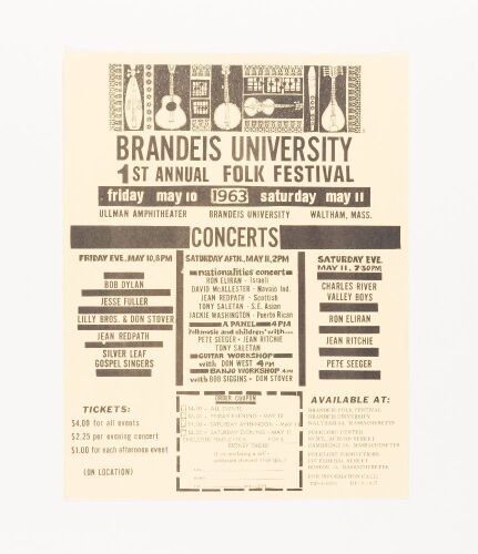 1963 Bob Dylan Pete Seeger Brandeis University First Annual Folk Festival Order Form Flyer Mint 91