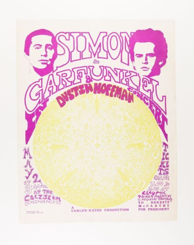 1968 Simon & Garfunkel Dustin Hoffman Indianapolis Coliseum Poster Excellent 79 Restored