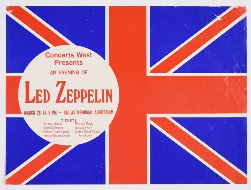 1970 Led Zeppelin Dallas Memorial Auditorium Handbill Extra Fine 67