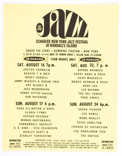 1969 Aretha Franklin Duke Ellington Schaefer New York Jazz Festival Handbill Near Mint 85