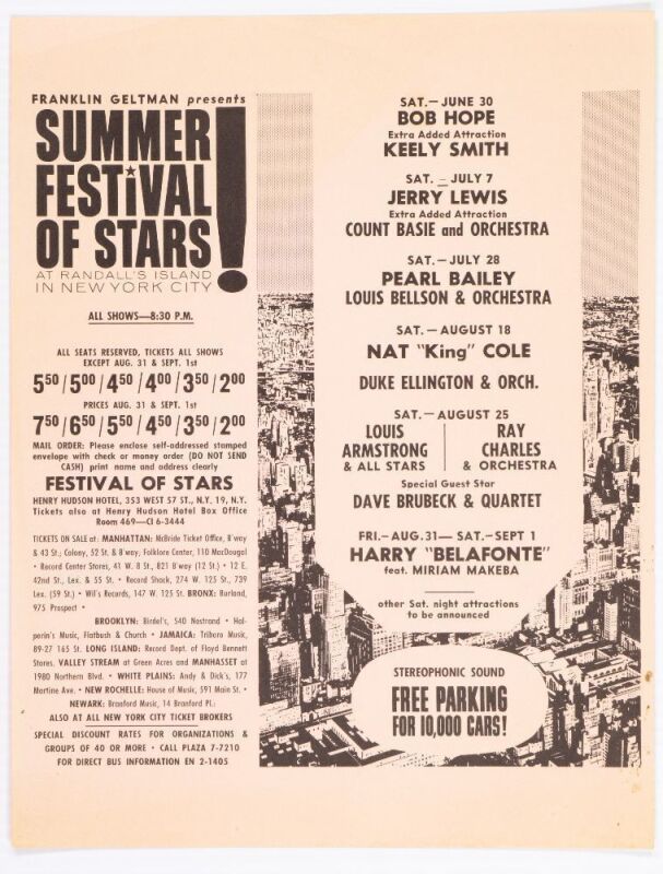 1962 Ray Charles Louis Armstrong Summer Festival of Stars New York Handbill Near Mint 85