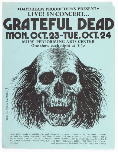 1972 Grateful Dead Milwaukee Performing Arts Center Flyer Excellent 75