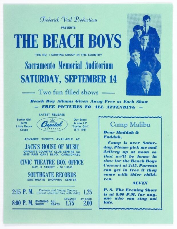 1963 Beach Boys Sacramento Memorial Auditorium Handbill Near Mint 89