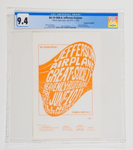 1966 BG-10 Jefferson Airplane Great Society Fillmore Auditorium Handbill CGC 9.4