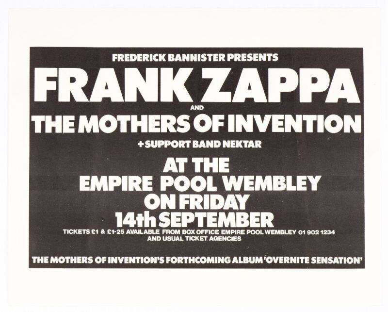 1973 Frank Zappa & The Mothers of Invention Wembley Empire Pool Handbill Near Mint 85