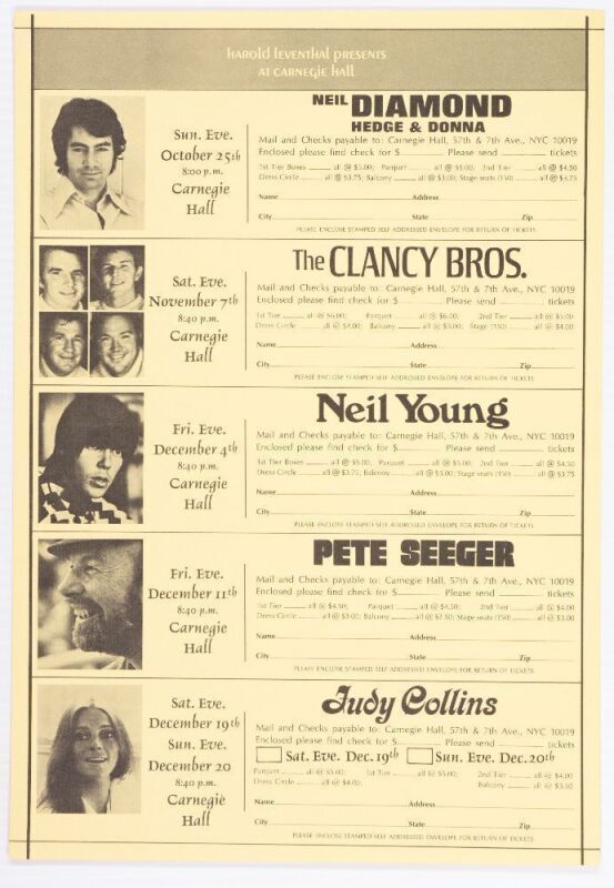 1970 Pete Seeger Neil Young Judy Collins Neil Diamond Carnegie Hall Calendar Handbill Mint 93