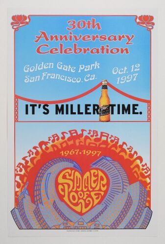 1997 Miller Beer 30th Anniversary Summer of Love Golden Gate Park Poster Excellent 79