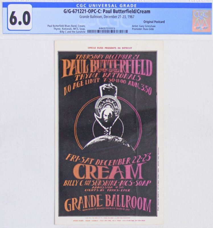 1967 G/G-671221 Cream Paul Butterfield MC5 Grande Ballroom Detroit MING Postcard CGC 6.0