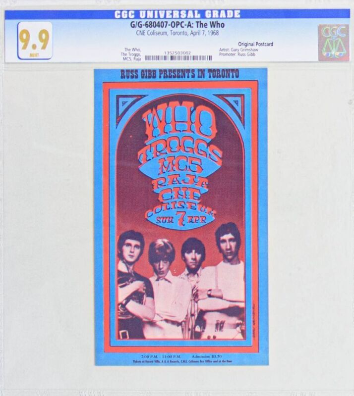 1968 G/G-680407 The Who MC5 CNE Coliseum Toronto Postcard CGC 9.9