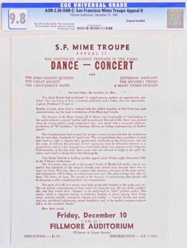 1965 AOR-2.36 The Great Society Jefferson Airplane Appeal II Fillmore Auditorium Handbill CGC 9.8